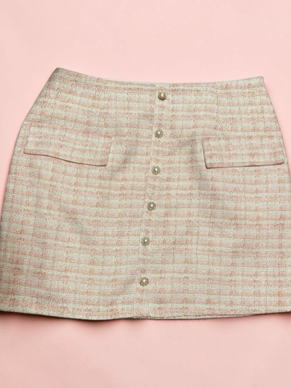 Pink and White Bouclé Mini Skirt - Elegant Tweed A-Line - Picture 3 of 4
